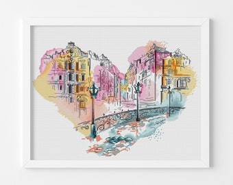 Colorful heart silhouette Watercolor cross stitch pattern Valentines day cross stitch pattern Hand embroidery design Digital pdf file