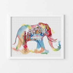 Bright elephant silhouette Watercolor cross stitch pattern Indian cross stitch design Modern cross stitch pattern Hand embroidery design