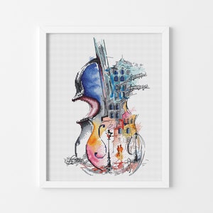 Violoncello colorful silhouette Watercolor cross stitch pattern Hand embroidery design Beginner needlepoint scheme Cross stitch pdf chart