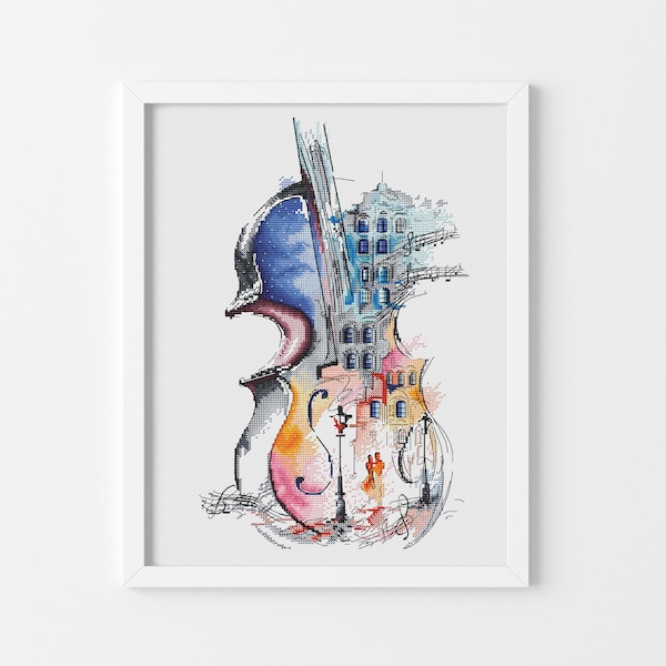 Violoncello colorful silhouette Watercolor cross stitch pattern Hand embroidery design Beginner needlepoint scheme Cross stitch pdf chart