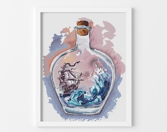 Ship in a Bottle Cross Stitch Pattern PDF | Nautical Ocean Waves Sailboat Art | Coastal Cottage Wall Decor | Instant Download