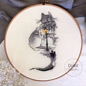 Zwarte kat silhouet Aquarel kruissteekpatroon Cadeau voor kattenliefhebber Beginner borduurschema Kruissteek pdf-diagram