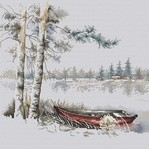 Vintage wooden boat Watercolor cross stitch pattern Modern home wall cross stitch decor Hand embroidery design Digital pdf file