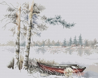 Vintage wooden boat Watercolor cross stitch pattern Modern home wall cross stitch decor Hand embroidery design Digital pdf file