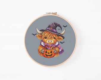 Halloween Highland Cow - Cross Stitch Pattern, Trick-or-treat Rules, Happy Halloween Stitching, Miyastitch