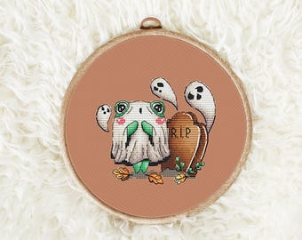 Cross Stitch Pattern PDF – Spooky Cute Frog Ghost with Gravestone, Halloween Mini, Kawaii Autumn Decor, Instant Download
