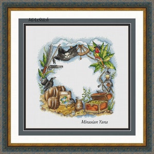 May include: A colorful cross-stitch pattern featuring a pirate theme. The design includes a skull and crossbones flag, a parrot, a treasure chest, barrels, and other pirate-themed items.