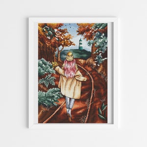 Girl in autumn landscape Watercolor cross stitch pattern Hand embroidery design Home wall cross stitch decor Digital pdf file