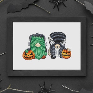 Gnome frankenstein family Halloween cross stitch pattern Funky embroidery design Halloween cross stitch decor Digital pdf file