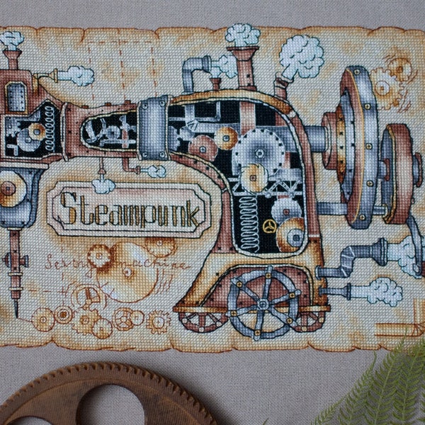 Steampunk sewing machine cross stitch pattern Hand embroidery design Grandmother sewing machine pattern Beginner needlepoint scheme