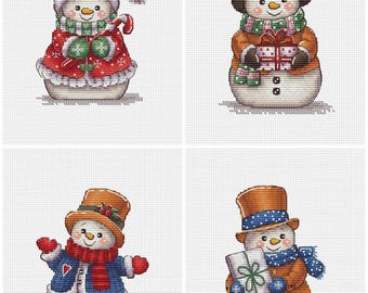 Happy Snowmans Bundle - Cross Stitch Pattern, 4 in 1 Bundle Cross Stitch, Christmas Stocking, Christmas Home Decor, Miyastitch