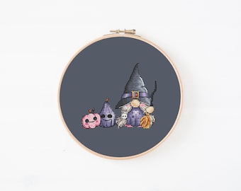 Witchy Gnome - Cross Stitch Pattern, Halloween Gnome Xstitch, Happy Halloween Decoration, Smiling Pumpkins, Miyastitch