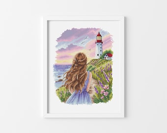 Coastal Sunset - Cross Stitch Pattern, Lighthouse Xstitch, Girl Cross Stitch, Landscape Wall Decor, Miyastitch