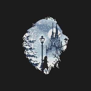 May include: A pixelated winter scene featuring a castle, a lamppost, and a person in silhouette. The image is set against a black background, with a snowy landscape and a full moon. The color palette is primarily shades of blue and white.