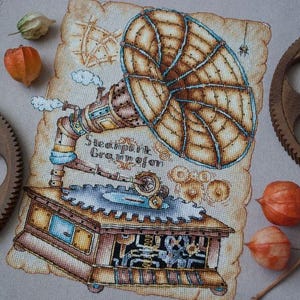 Gramophone Cross Stitch Pattern, Steampunk Gramophone Cross Stitch, Vintage Cross Stitch, Detailed Cross Stitch, Digital Download PDF File