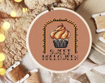 Halloween Cupcake Cross Stitch Pattern PDF | “Sweet Halloween” Cute Spooky Dessert | Small Fall Hoop Art | Instant Download