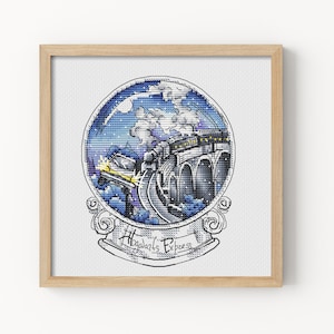 Cross Stitch Pattern – Wizard School Train Snow Globe, Magic Viaduct Bridge Scene | Fantasy Steam Train | Counted PDF Instant Download