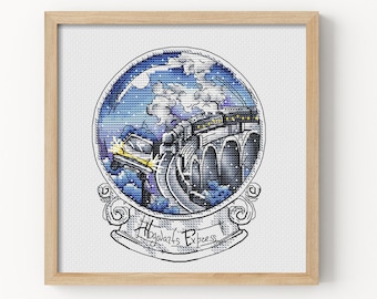 Cross Stitch Pattern – Wizard School Train Snow Globe, Magic Viaduct Bridge Scene | Fantasy Steam Train | Counted PDF Instant Download