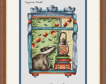 Patrón de punto de cruz en PDF: Tejón en la ventana con farol y guirnalda de calabazas, decoración otoñal de bosque. Descarga instantánea.