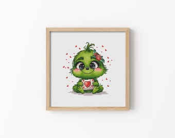 Baby Grinch Cross Stitch Pattern , Valentines Day Cross Stitch, Baby With Heart Cross Stitch, Love Cross Stitch, Lovers Day Xstitch Gift