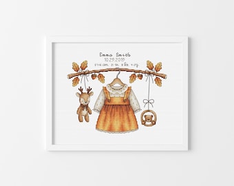 Girl Birth Announcement - Cross Stitch Pattern, Fall Birthday Announcement, Baby Shower Cross Stitch, Miyastitch