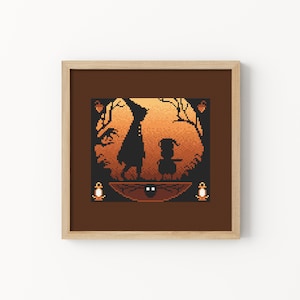 Halloween Cross Stitch Pattern – Autumn Forest Brothers Silhouette, Pumpkin Lantern Scene, Modern Counted Chart PDF, Cozy Fall Decor
