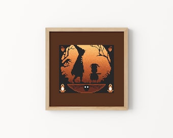 Halloween Cross Stitch Pattern – Autumn Forest Brothers Silhouette, Pumpkin Lantern Scene, Modern Counted Chart PDF, Cozy Fall Decor