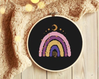 Zodiac Boho Rainbow Cross Stitch Pattern Bundle – Set of 12 Astrology Signs – PDF Beginner Friendly Patterns, Quick Finish Designs