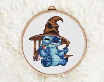 Blue alien in sorting hat Movie cross stitch pattern Hand embroidery design Fairy cross stitch Beginner needlepoint scheme Digital pdf file