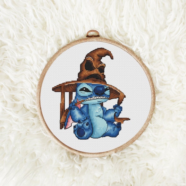Blue alien in sorting hat Movie cross stitch pattern Hand embroidery design Fairy cross stitch Beginner needlepoint scheme Digital pdf file