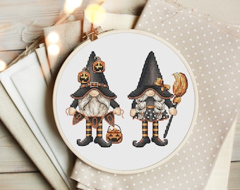 Gnomes boy and girl Halloween cross stitch pattern Trick or treat cross stitch Boo cross stitch Hand embroidery design Digital pdf file