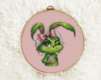 Cross Stitch Pattern PDF – Green Mischief Bunny Girl with Bow, Easter Egg, Cute Holiday Decor – Instant Download