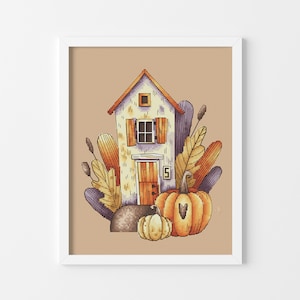 Cross Stitch Pattern PDF – Autumn House with Pumpkins & Leaves, Cozy Farmhouse / Cottagecore Decor – Instant Download