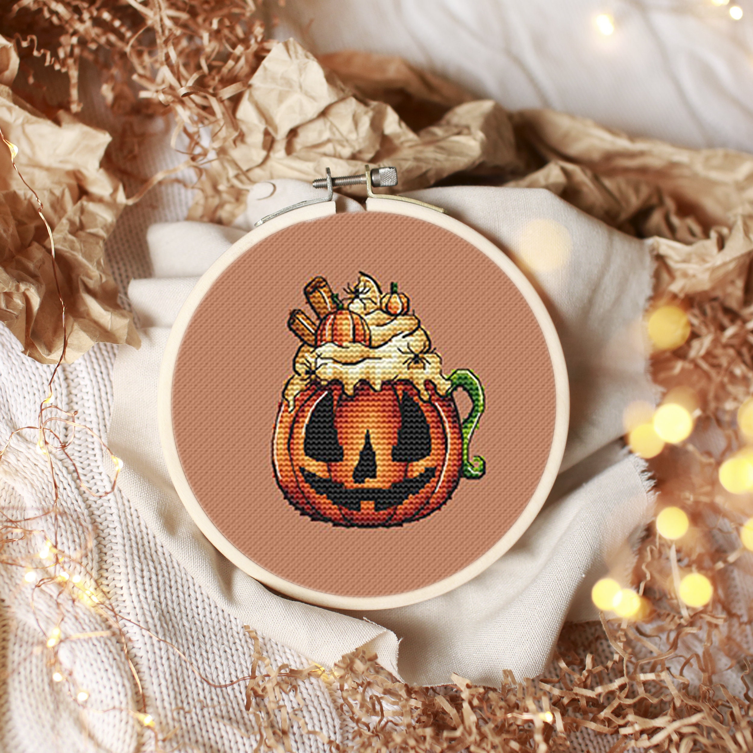 Pumpkin Coffee Cup Halloween Cross Stitch Pattern Spooky Cross Stitch ...