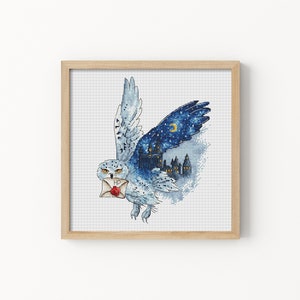 Wizard castle landscape Double exposure cross stitch pattern Owl with letter cross stitch Modern cross stitch Counted cross stitch PDF