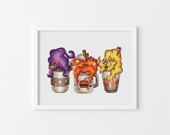 Halloween Coffee Cups - Cross Stitch Pattern, Witchy Sisters Trio Cross Stitch, Halloween Cross Stitch, Miyastitch