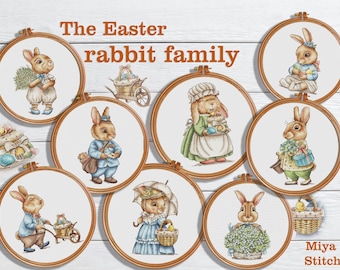 Easter Bunny Family Cross Stitch Pattern BUNDLE PDF (8 Designs) | Spring Rabbit Hoop Art | Easter Egg Décor | Instant Download