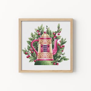 Teapot House with Berries Cross Stitch Pattern – Cottagecore Kitchen Decor, Floral Teapot Chart, Folk Embroidery, PDF Instant Download