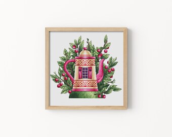 Teapot House - Cross Stitch Pattern, Berries, Cottagecore Kitchen Decor, Mothers Day DIY Gift