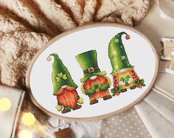 St Patrick’s Day Gnomes -  Cross Stitch Pattern, Shamrock Lucky Irish Gnomes, Gnomes Trio Cross Stitch, Miyastitch