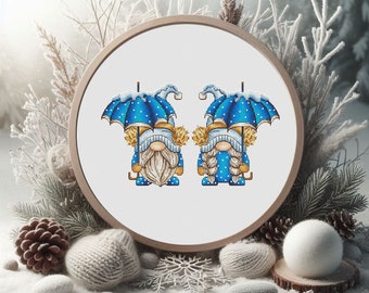 Winter Gnome Couple Cross Stitch Pattern PDF – Snowy Blue Umbrella Gnomes • Boy & Girl Scandinavian Pair • Christmas Winter Decor Download