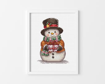 Snowman With Gift - Cross Stitch Pattern, Christmas Cross Stitch Design, Christmas Wall Decor, Miyastitch