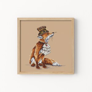May include: A framed cross-stitch embroidery of a fox wearing a brown top hat with gears and a white ruffled collar. The fox is sitting on a beige background.