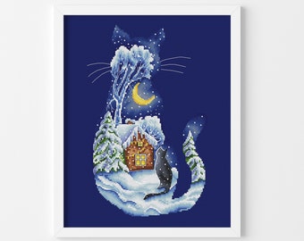 Winter village landscape Christmas cross stitch pattern Cat cross stitch Hand embroidery design Holiday embroidery DIY