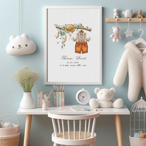 Op de afbeelding: Een ingelijste kunstafdruk voor de kinderkamer met een aquarelillustratie van een babyoutfit, een strohoed en bloemaccenten. De afdruk bevat de naam "Thomas Smith" en geboortegegevens. Het kleurenpalet omvat tinten bruin, oranje en groen.
