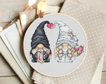 Gnome Cross Stitch Pattern PDF – Bride & Groom Wedding Gnomes, Rustic Scandinavian Couple, Instant Download Modern Embroidery Design