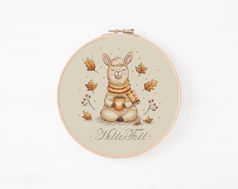 Autumn Llama - Cross Stitch Pattern, Fall Alpaca Cross Stitch, Hello Fall Quote, Cottagecore Xstitch Decor, Miyastitch
