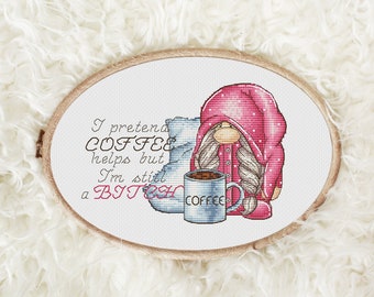 Sleepy gnome cross stitch pattern Gnome cross stitch chart Quote cross stitch Gnome bitch cross stitch Coffee cross stitch Cute cross stitch