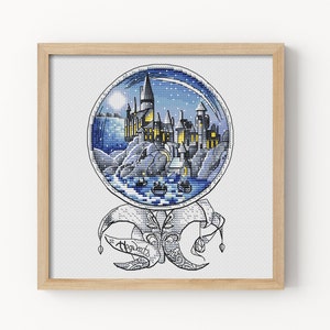 Cross Stitch Pattern, Wizards Castle, Snow Globe Cross Stitch Patterns, Horizontal Colorful Art, DIY X-stitch Chart, Kids Room Decor