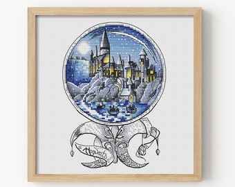 Cross Stitch Pattern, Wizards Castle, Snow Globe Cross Stitch Patterns, Horizontal Colorful Art, DIY X-stitch Chart, Kids Room Decor